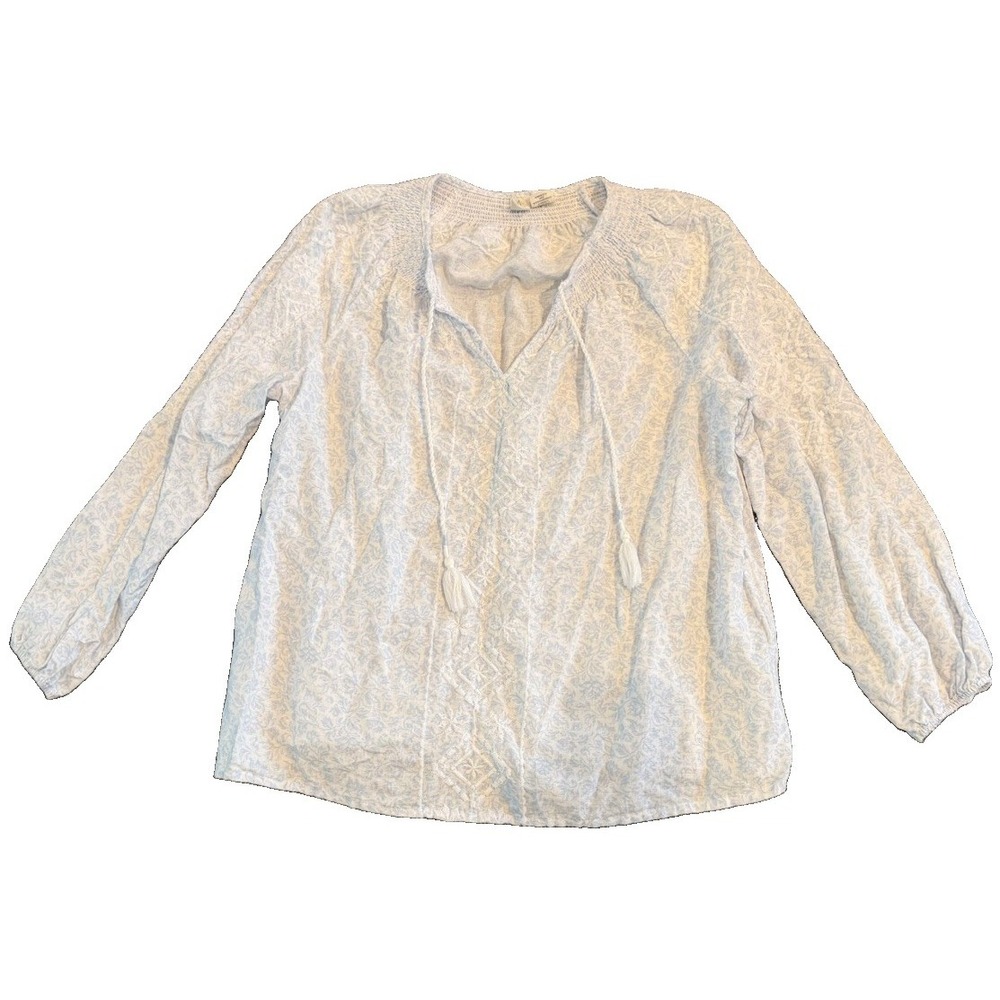 Joie Blouse Womens S Blue White Paisley Peasant Top Boho Tassel Embroidered
